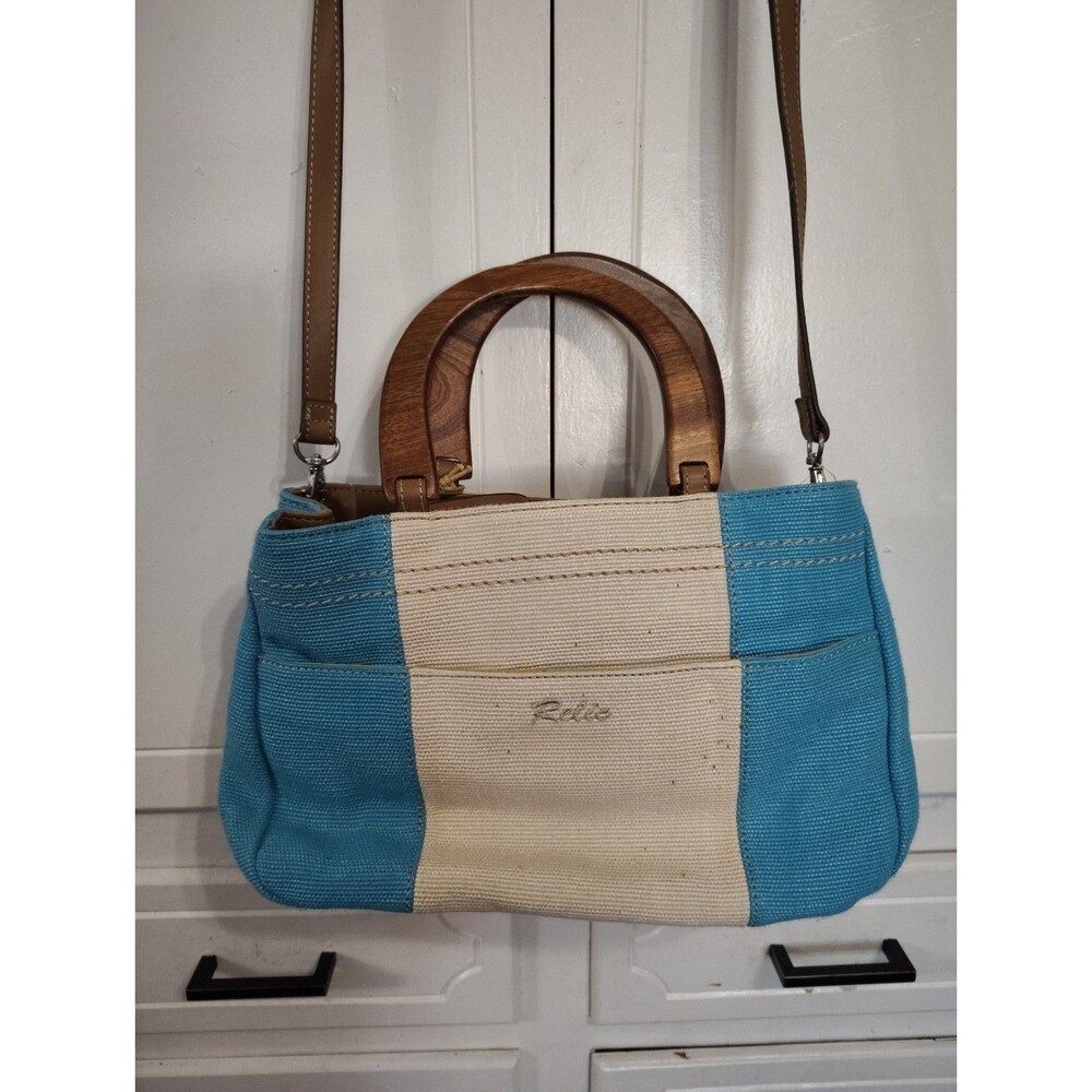 Relic Turquoise an White  Lined Woven Handbag Zippered Purse Pockets Wood Handle